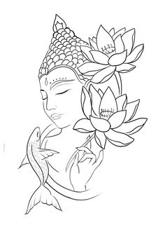 a buddha statue with flowers in her hand and a fish on the ground next to it