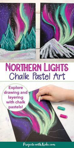 Chalk pastel art of the Northern Lights on black paper, hand drawing with chalk pastels to create a Northern Lights art project. Chalk Art Techniques, Art Projects With Oil Pastels, Oil Pastel Art For Kindergarten, Easy Grade 2 Art Ideas, Elementary Projects Fun, Art Classroom Activities, Chalk Northern Lights, Emily Carr Art For Kids, Art Ideas For 3rd Grade