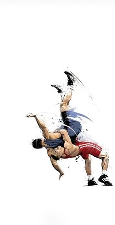 two men are doing acrobatic tricks on the floor in front of a white background