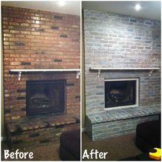 before and after pictures of a brick fireplace