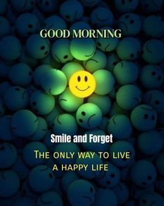 a smiley face surrounded by green balls with the words, good morning smile and forget