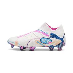 a white soccer shoe with colorful graphics on the upper part and pink, blue, and yellow accents