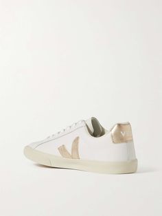 VEJA + NET SUSTAIN Esplar metallic-trimmed leather sneakers | NET-A-PORTER Net Sustain, Veja Shoes, Veja Sneakers, Recycled Rubber, Gold Leather, Cotton Lace, Net A Porter, Leather Sneakers, White Leather