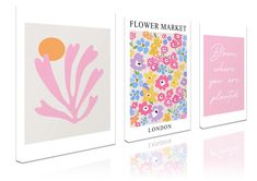 three cards with flowers on them and the words flower market in pink, yellow, and blue