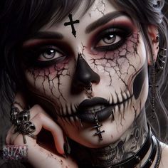 Evil Doll Makeup, Satanic Makeup, Skeleton Queen, Creepy Makeup, Creepy Halloween Makeup, Female Artwork, Chicano Style Tattoo, Dark Art Photography, Halloween Makeup Inspiration