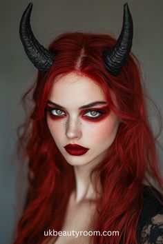 The Mask Halloween Makeup, Red And Black Halloween Makeup Ideas, Women’s Halloween Make Up Ideas, Women Costume Ideas Halloween, Two Face Halloween Makeup, Demon Eye Makeup Halloween, Fun Witch Makeup, Queen Of Darkness Makeup, Red Wig Makeup Looks