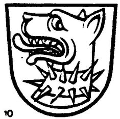 a black and white drawing of a dog's head in the center of a shield