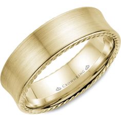 CrownRing Men's Wedding Band - Concave Satin Finish with Braided Rope Edging in 14K Yellow Gold - 7mm Width from the Carved Collection Mens Wedding Bands Brushed, Rope Wedding Band, Comfort Fit Wedding Band, Sophisticated Wedding, Wedding Ring Designs, Designer Wedding, Jewelry Repair, Mens Wedding Rings, Mens Wedding Bands