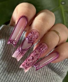 25th Birthday Nails Ideas, Xl Coffin Nail Ideas, Rave Nail Ideas, Mythical Nails, Pink Grunge Nails, Airbrush Art Nails, 2000s Inspired Nails, Y3k Nails, Shroom Nails