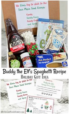 buddy the elf's spaghetti recipe holiday gift idea in a box with free printables