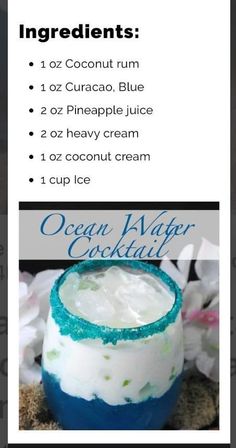 the ingredients for an ocean water cocktail are shown in this advertisement, which includes