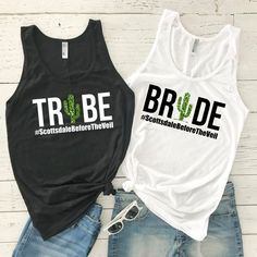 two t - shirts that say bride and groom are on the front, one is black and white