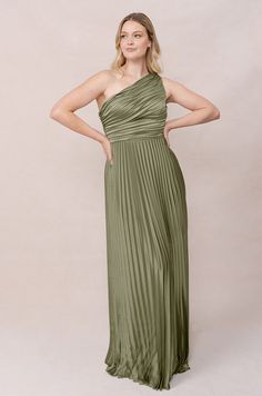 Model: Sydney; Size: 10; Color: Moss Pre-draped One Shoulder Dress For Prom, Pre-draped Bridesmaid Dress With Asymmetrical Neckline, One Shoulder Dress With Ruched Bodice For Gala, Pre-draped One Shoulder Dress For Spring, Ruched One Shoulder Dress With Asymmetrical Neckline For Gala, One-shoulder Ruched Maxi Dress For Gala, One Shoulder Ruched Maxi Dress For Gala, One Shoulder Dress With Ruched Fitted Bodice, Gala One-shoulder Dress With Ruched Bodice