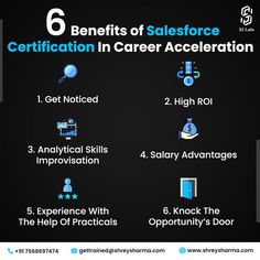 six benefits of salesforce certificate in career accelection info graphic by @ adrene