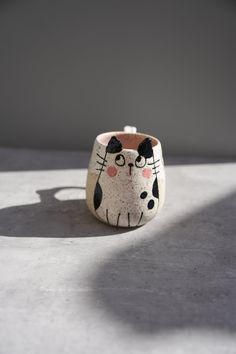 a white and black cat ring sitting on top of a table