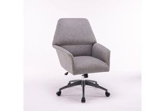 a gray office chair with wheels and casteors on an upholstered white background