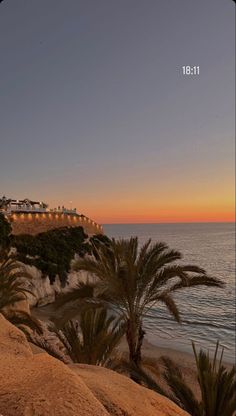 an image of the beach at sunset with palm trees