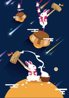 an image of rabbits in the sky with their tails flying out of pots and holding utensils