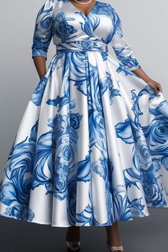 Xpluswear Design Plus Size Formal Blue Floral V Neck Long Sleeve Pleated Pocket Satin Maxi Dresses - Xpluswear Love Heart Gif, Heart Gif, Plus Size Formal, Design Dresses, African Design Dresses, Satin Maxi, Satin Maxi Dress, African Design, Maxi Dresses