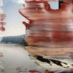 an abstract painting with water and trees in the background