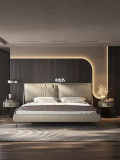 a bedroom with a bed, nightstands and lamps on either side of the bed