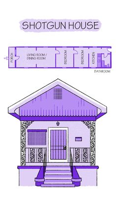 a purple house with the words shotgun house on it's front and back side