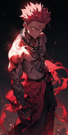 an anime character standing in the dark with red hair and tattoos on his chest, wearing chains