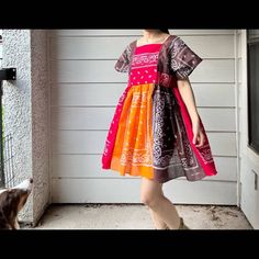 "Handmade Bandana Dress SKU 9192 red brown orange Size:L Approximate measurements of laying flat: Pit to pit: 20\". Pit to hem: 24\". Shoulder to hem: 34\". Waist: 19.5\". Seen on 5'5\" tall. Style - 100% Cotton. - Super soft, light and flowing. - The dress can be worn to either side.  - Unlined. Shipping: Shipping from Houston, Texas. It will take 3 days to ship your dress. Shipping worldwide.  Care instructions:  Machine wash on gentle with cold water or hand wash the dress. The dress can be d Brown Bandana, Bandana Dress, Quilted Dress, Sewing Fashion, Most Beautiful Dresses, Matching Dresses, Flat Iron, Brown Orange, Houston Texas