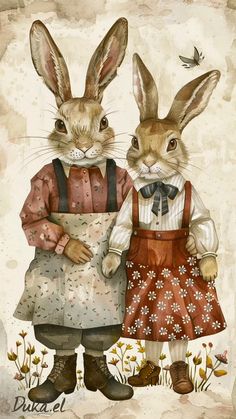 two rabbits are standing next to each other in front of an old paper background with flowers and butterflies