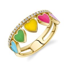 14K gold with 0.15-carat natural diamond multi-color heart enamel ring. Model Number: SDL36214631EMWY Mens Diamond Jewelry, Gemstone Diamond Ring, Ethiopian Opal Ring, Diamond Fashion Rings, Studded Necklace, Diamond Bangles Bracelet, Jewelry Accessories Ideas, Men Diamond Ring, Enamel Ring