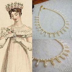 This necklace was inspired by historical images like the early 19th Century fashion plate shown in the second image.  This style was called a "fringe necklace" and was very popular in the Regency and Victorian eras!  Made with vintage faux stones in a creamy color, the narrow teardrop pearls make for an especially elegant effect when worn.  16" long with a 3" extension chain for adjustability.  Dames a la Mode is inspired by history! See my shop for more jewelry with historical influences: https://www.etsy.com/shop/damesalamode Regency Era Accessories, Jewelry 18th Century, Early 19th Century Fashion, 18th Century Jewelry, Regency Jewelry, Pearl Fringe, Period Piece, Victorian Necklace, Creamy Color