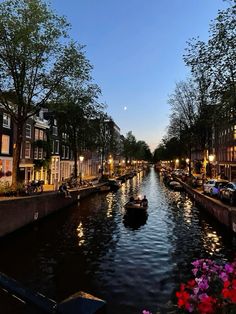 a boat traveling down a river next to tall buildings and flowers in the foreground