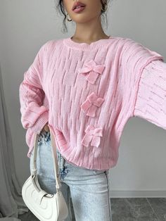 Casual Solid Color Sweater With Bow Decor, Autumn/Winter Pink Casual  Long Sleeve Knitwear Plain Pullovers High Stretch  Women Clothing, size features are:Bust: ,Length: ,Sleeve Length: Punk Woman, Solid Color Sweater, Bow Sweater, Color Sweater, Bow Decor, Women Diy, Inspiration Mode, Fitted Sweater, Kids Sleepwear