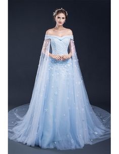 Blue Floral Off the Shoulder Long Tulle Wedding Dress #CH0087 $197 - GemGrace.com Prom Dress Off The Shoulder, African Prom Dress, Sky Blue Prom Dress, Short Sleeve Prom Dresses, Blue Wedding Dress, Prom Dresses Off The Shoulder, African Prom Dresses, Blue Prom Dress, Blue Wedding Dresses