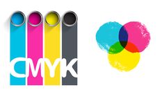 the cmyk logo is shown next to three different colored paint tubes and an image of a