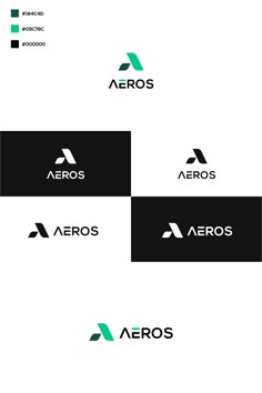 the logo for aeros is shown in three different colors and font styles, including green