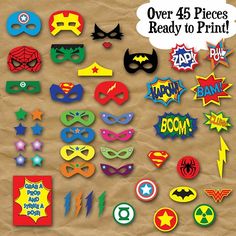 an assortment of superhero themed stickers on a piece of brown paper with the words over 45 pieces ready to print