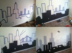 three pictures of city skylines painted on the wall in different stages of construction work