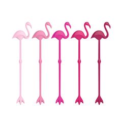 four pink flamingos are lined up in the same row, each with an arrow shaped tail