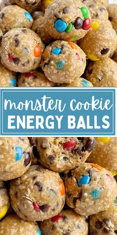 Energy balls with chocolate chips, m&m's, peanut butter, honey, and oats. Gf Energy Balls, Healthy Snacks Energy Balls, Energy Balls Monster Cookie, No Bake Monster Energy Balls, Best Energy Balls Recipe, Protium Balls, Peanut Free Energy Balls For Kids, Kids Energy Balls Healthy Snacks, 5 Ingredient Energy Balls