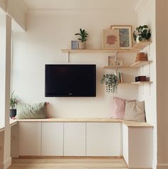 a flat screen tv mounted to the side of a wall next to shelves filled with plants