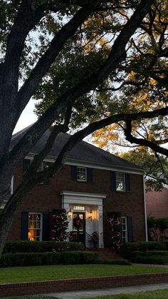 a large tree in front of a brick house with wreaths and lights on it