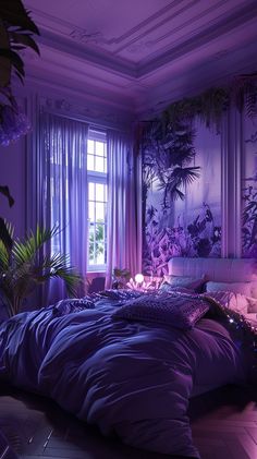 a bedroom with purple lighting and plants on the wall, bedding is made up