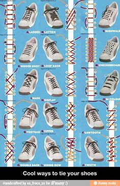 the instructions for how to lace shoes with multiple colors and sizes, including white and black