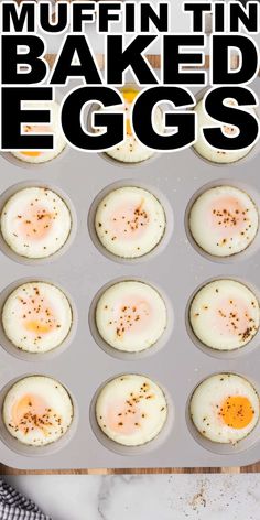 muffin tin filled with baked eggs on top of a counter