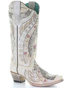 Corral Women's Crystal Floral Embroidery Western Boots - Snip Toe, Ivory, hi-res White Coral Cowboy Boots, Corral White Glitter Boots, Bling Boots Wedding, Boho Trumpet Wedding Dress With Boots, Corral Shoe Boots Tall, Luxury Cowboy Boots With Bridle Leather, Whote Wedding Cowgirl Boots, Corral Angel Wing Boots, Katyannatwo Rhinestone Embellished Over-the-knee Western Dress Boots