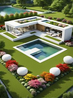 an artist's rendering of a modern house with pool and landscaping