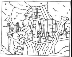 a black and white drawing of a tree house with a teddy bear on the porch