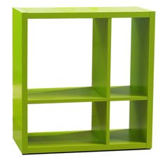 a lime green shelf unit with four sections