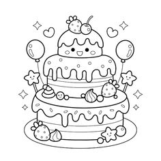 a birthday cake with candles and balloons on the top is outlined in black and white